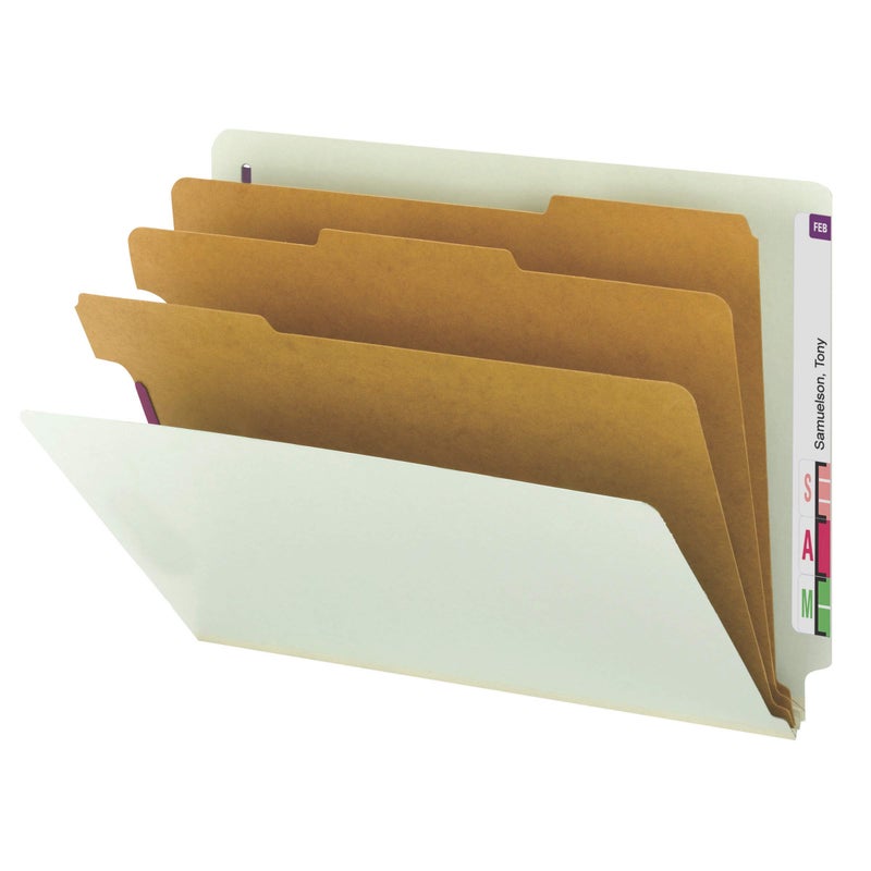 Smead 100% Recycled End Tab Pressboard Classification File Folder with SafeSHIELD Fasteners, 3 Dividers, 3" Expansion, Letter Size, Gray/Green, 10 per Box (26820) - Image 1